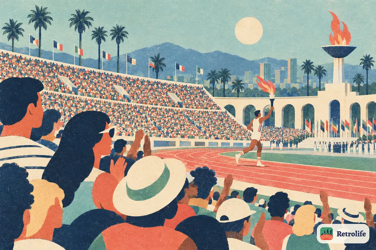Los Angeles hosts the Summer Olympics, with stadium crowds and a record number of television viewers.