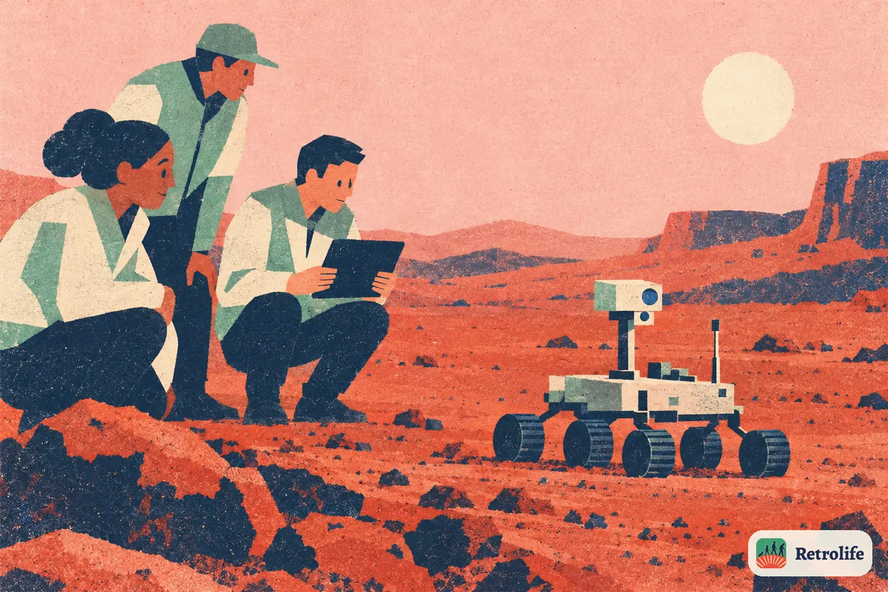 A small rover rolls across the surface of Mars and sends back color pictures.