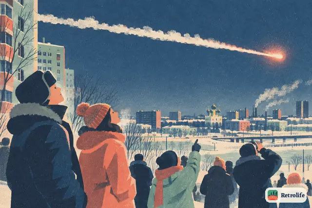 A bright meteor explodes over Chelyabinsk, and the shock wave breaks windows.
