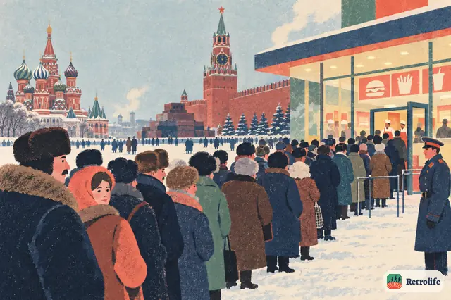 Huge queues form for the first Western fast-food restaurant in Moscow.