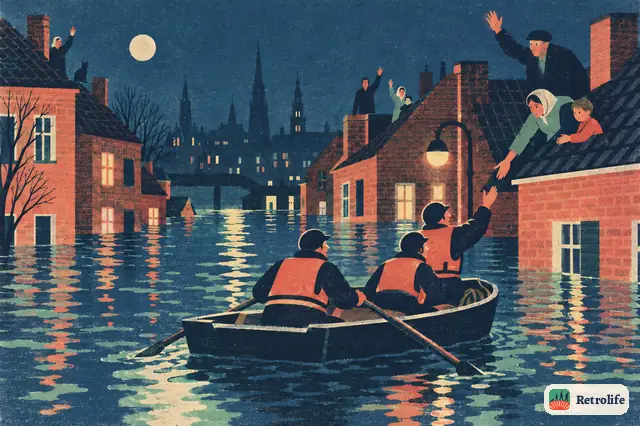 A storm flood hits Hamburg in February, and helpers rescue people from rooftops.