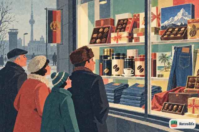 Shops selling goods for Western currency tempt customers with chocolate and jeans.