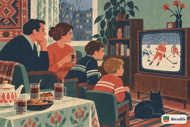 Millions watch a series of ice hockey games against Canada on television.