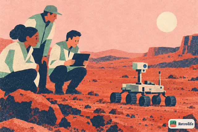 A small rover rolls across the surface of Mars and sends back color pictures.