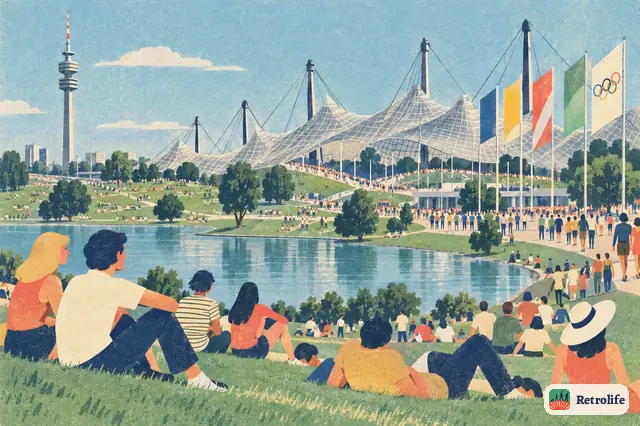 Munich hosts the Summer Olympics, with a tent-like roof and cheerful pastel colours.