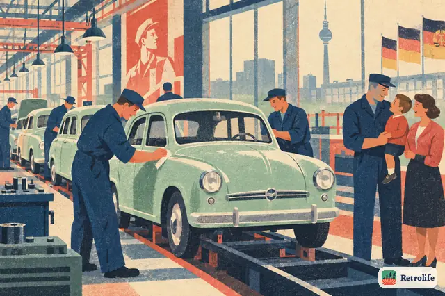 The first small family cars with plastic bodies roll off the line in Zwickau.