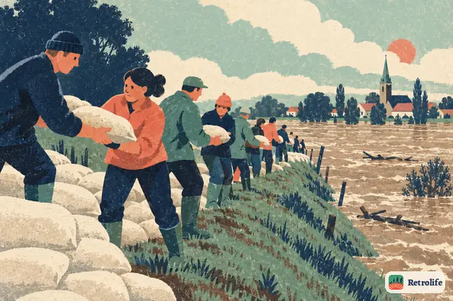 The Oder floods in summer, and helpers pile sandbags along the dikes.