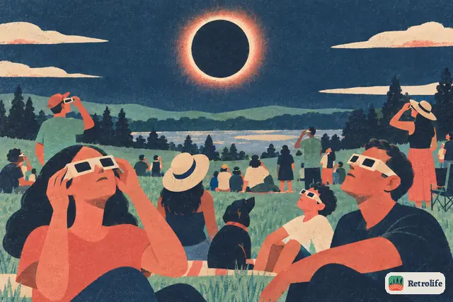 A total solar eclipse crosses the country, and crowds look up through paper glasses.