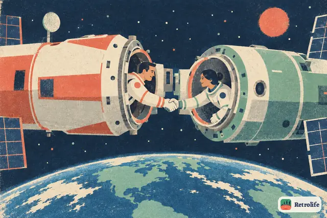 A Soviet and an American spacecraft meet and dock in orbit.