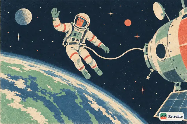 A cosmonaut steps out into open space for the first time and floats above the Earth.