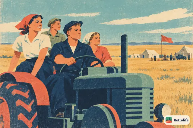 Young volunteers travel east to plough virgin lands in the steppe.