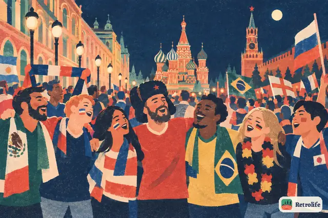 The football World Cup is played in eleven Russian cities, and fans fill the streets.