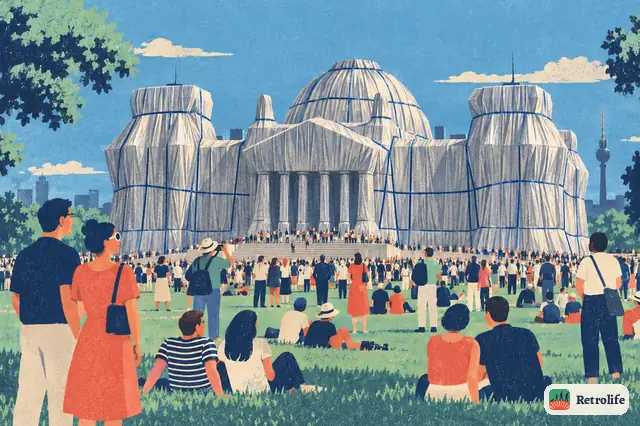 A famous parliament building is wrapped in silver cloth and draws millions of visitors.