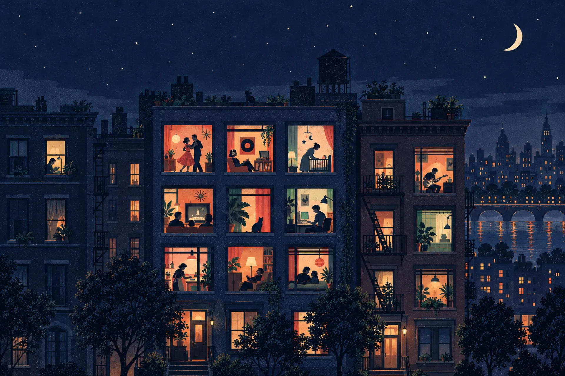 Retrolife life simulator: a night apartment building, every window a life in a different decade